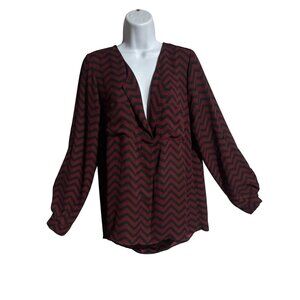 Hippie Rose Blouse Womens Large Chevron Print Long Tab Sleeve Maroon Chevron